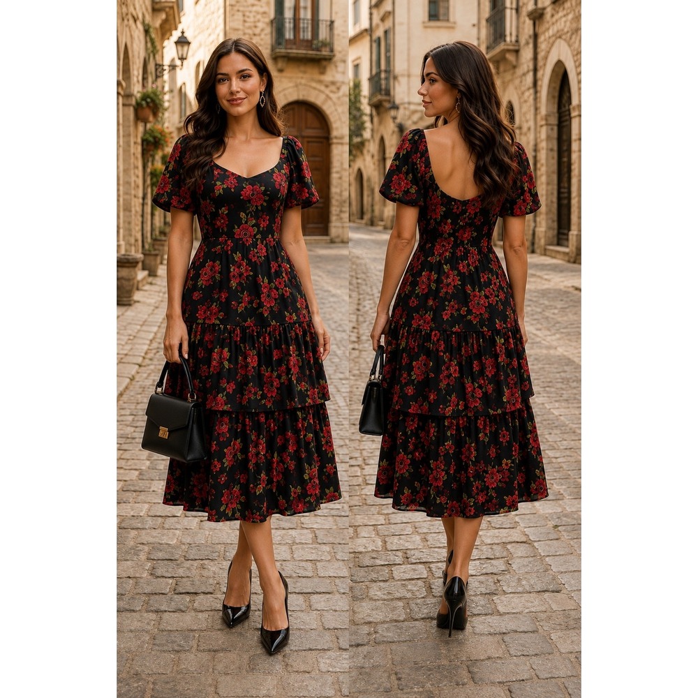 Ember Women 3X Black Red Rose Floral Tiered Midi Dress Smocked Puff Sleeve